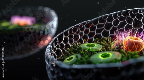 Illuminated 3D Chloroplast Model Demonstrating Calvin Cycle and ATP Synthesis in Plant Cell, Dark Background with Glowing Elements photo