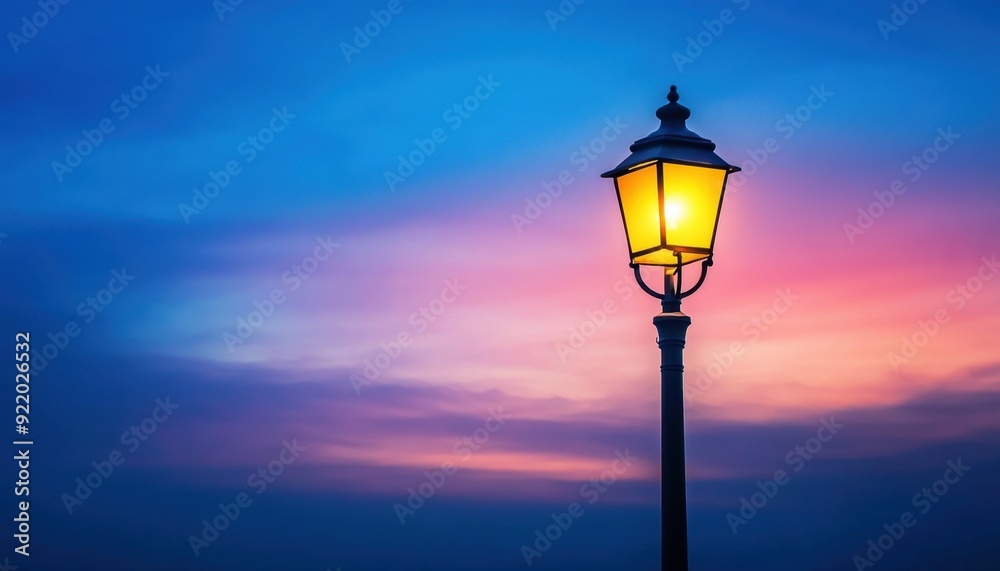 Golden street lamp illuminating a tranquil dusk sky over a peaceful landscape Golden street lamp illuminating a tranquil dusk sky over a peaceful landscape