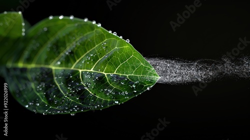 Illuminated 3D Model of Leaf Transpiration with Escaping Water Vapor on a Black Background