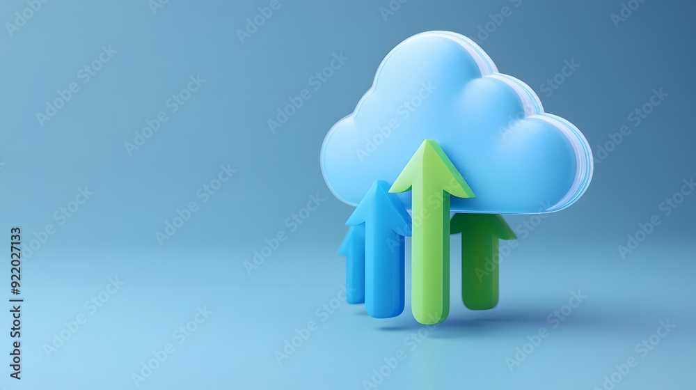 3D illustration of cloud storage technology with multi-colored arrows symbolizing data upload and digital growth on a blue background. 3D illustration of cloud storage technology with multi-colored arrows symbolizing data upload and digital growth on a blue background.