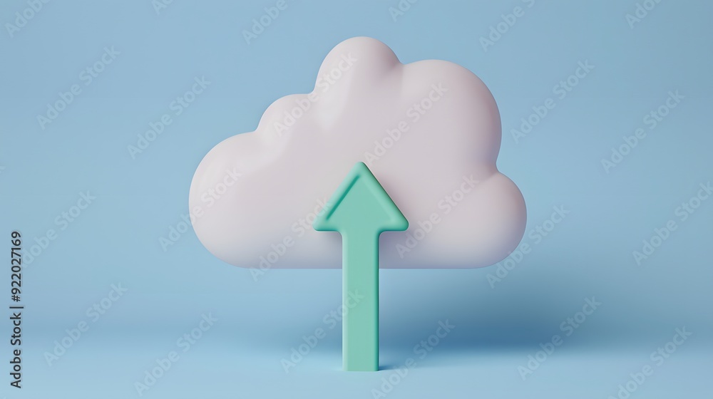 3D illustration of cloud upload symbol on blue background, representing cloud storage, data transfer, and online technology. 3D illustration of cloud upload symbol on blue background, representing cloud storage, data transfer, and online technology.