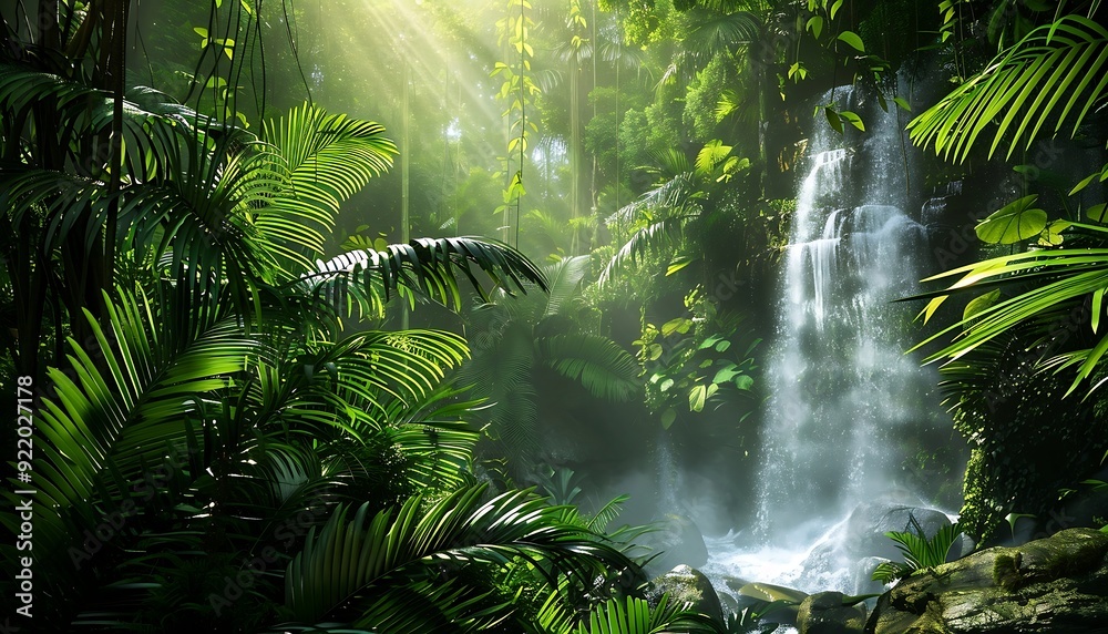 Naklejka premium Waterfall in the garden with sun light and green leaves background
