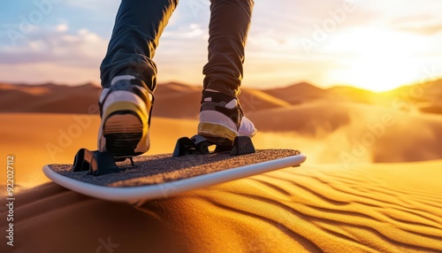 Sandboarding, vibrant dunes, thrilling descent, desert adventure photo