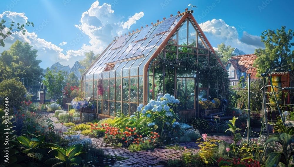 A serene greenhouse surrounded by vibrant flowers on a sunny day in a tranquil garden setting A serene greenhouse surrounded by vibrant flowers on a sunny day in a tranquil garden setting