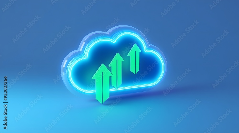3D neon blue cloud with upward green arrows representing cloud computing growth, financial increase, and data storage expansion.