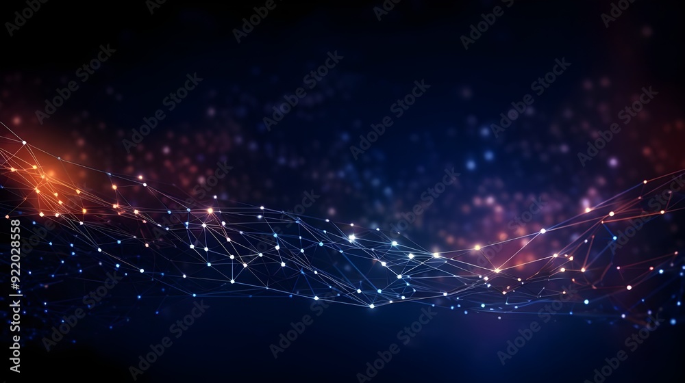 Obraz premium Blue abstract background with a cyber network grid and connected particles,global data connections concept.,dynamic cyberspace: neon glow and digital network connections, abstract 3d render