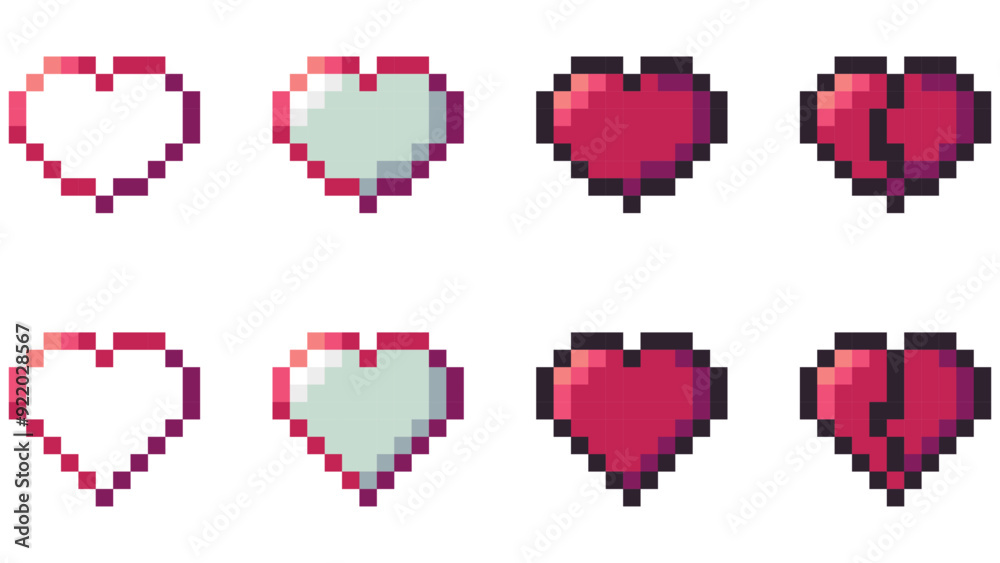 Fototapeta premium pixel heart set icon. red heart pixel logo. 8 bit health heart sign. retro love symbol. flat style. pixel art heart shapes.