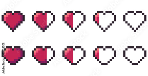 pixel art heart set animation sheet. health bar pixel art vector. isolated game life bar set.