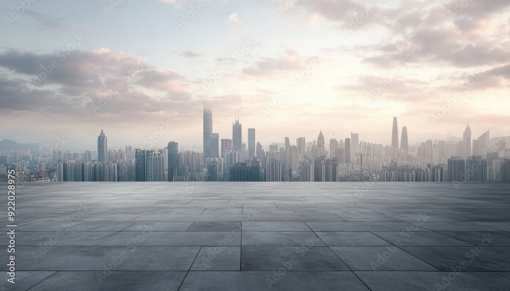 Dusk skyline view over a modern city with skyscrapers and cloudy skies Dusk skyline view over a modern city with skyscrapers and cloudy skies