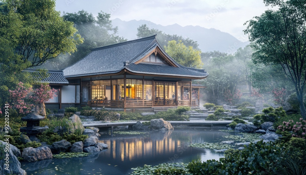 Tranquil pavilion by the pond at twilight in a serene garden landscape Tranquil pavilion by the pond at twilight in a serene garden landscape