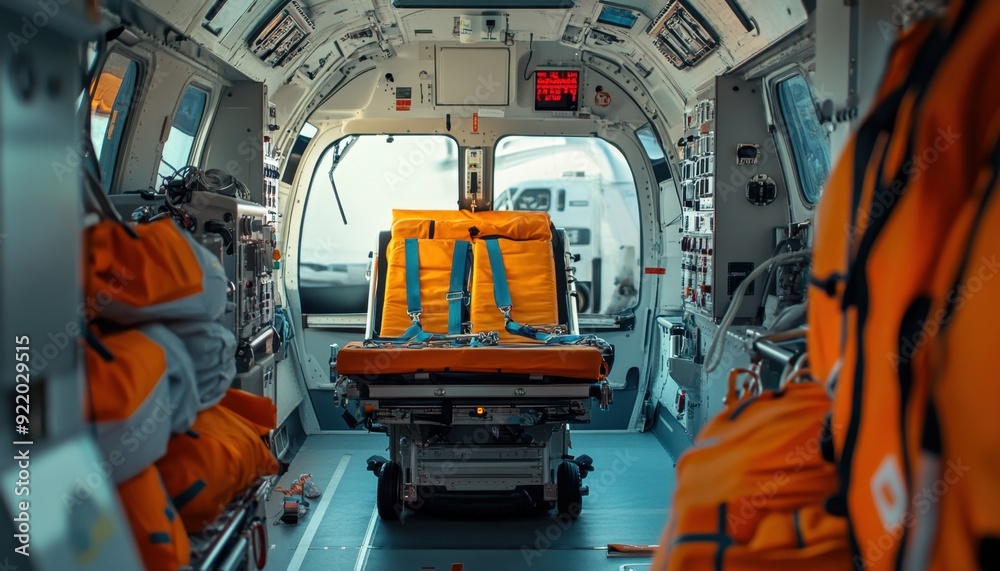 Interior of medical transport unit with orange stretchers and equipment during daytime