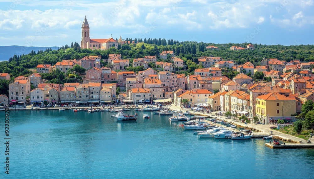 Coastal view of a Croatian town with colorful buildings and boats in the harbor on a sunny day Coastal view of a Croatian town with colorful buildings and boats in the harbor on a sunny day