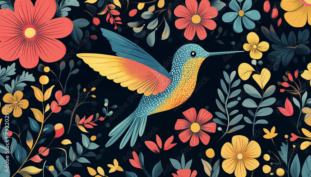 Obraz premium cartoon hummingbird with flowers and leaves. Decorative pattern with flowers, berries, leaves and a hummingbird bird in the center. Cartoon illustration on a dark background.