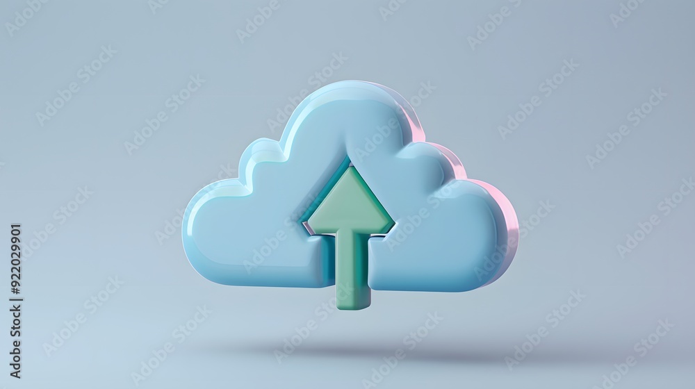 3D rendering of a cloud-shaped icon with an upward arrow, symbolizing cloud storage and data uploading on a pastel background. 3D rendering of a cloud-shaped icon with an upward arrow, symbolizing cloud storage and data uploading on a pastel background.