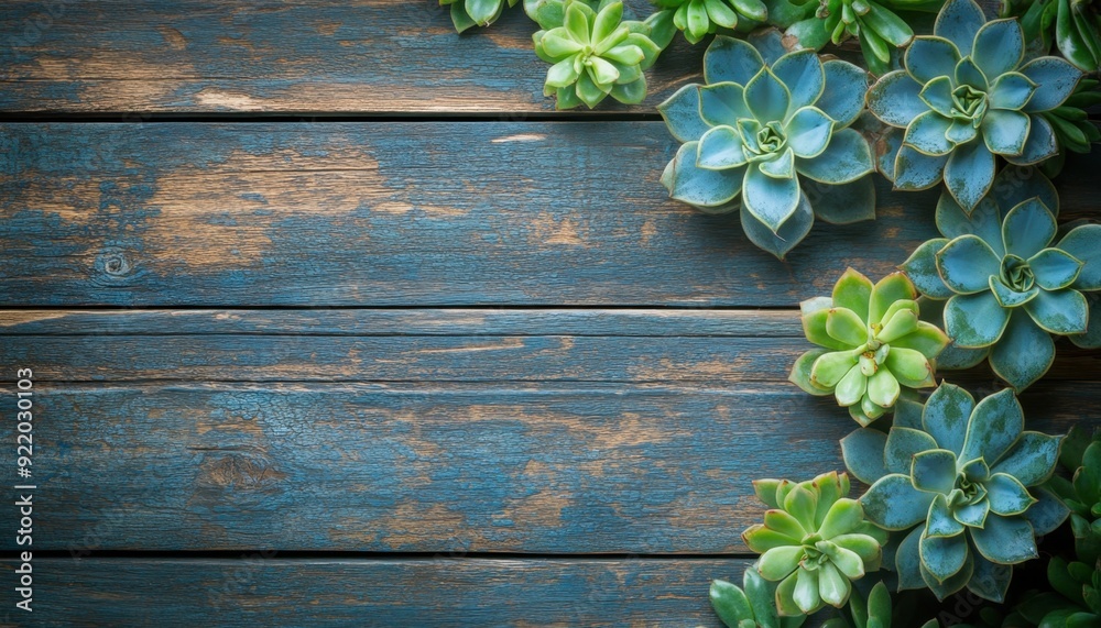 Succulent plants arranged on a rustic wooden surface with a blue and brown color palette