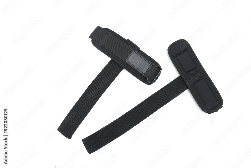 Hand straps for deadlift. Sports belts with a barbell on a white background. Hand straps for deadlift. Sports belts with a barbell on a white background.