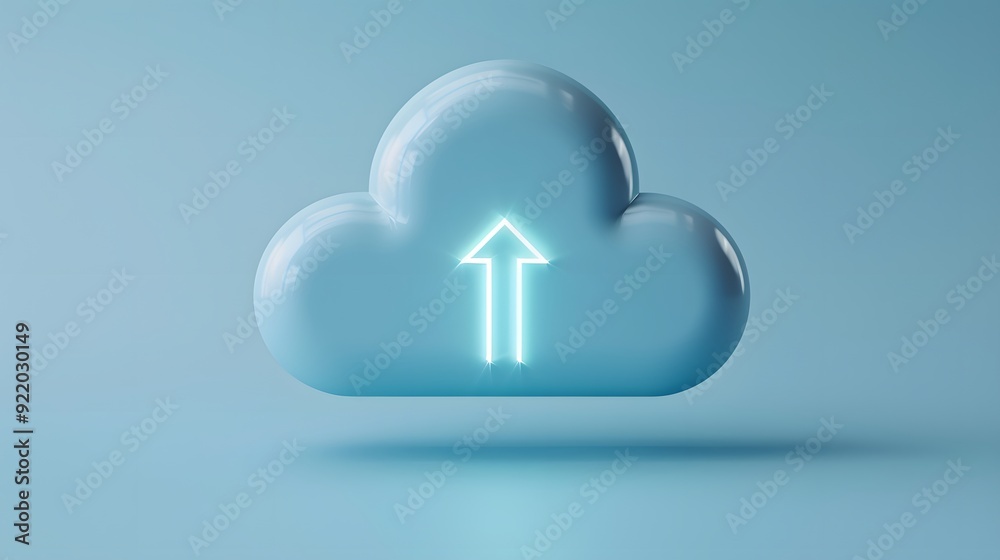 3D rendering of a glowing cloud icon with an upward arrow, symbolizing cloud computing, data upload, and online storage solutions. 3D rendering of a glowing cloud icon with an upward arrow, symbolizing cloud computing, data upload, and online storage solutions.