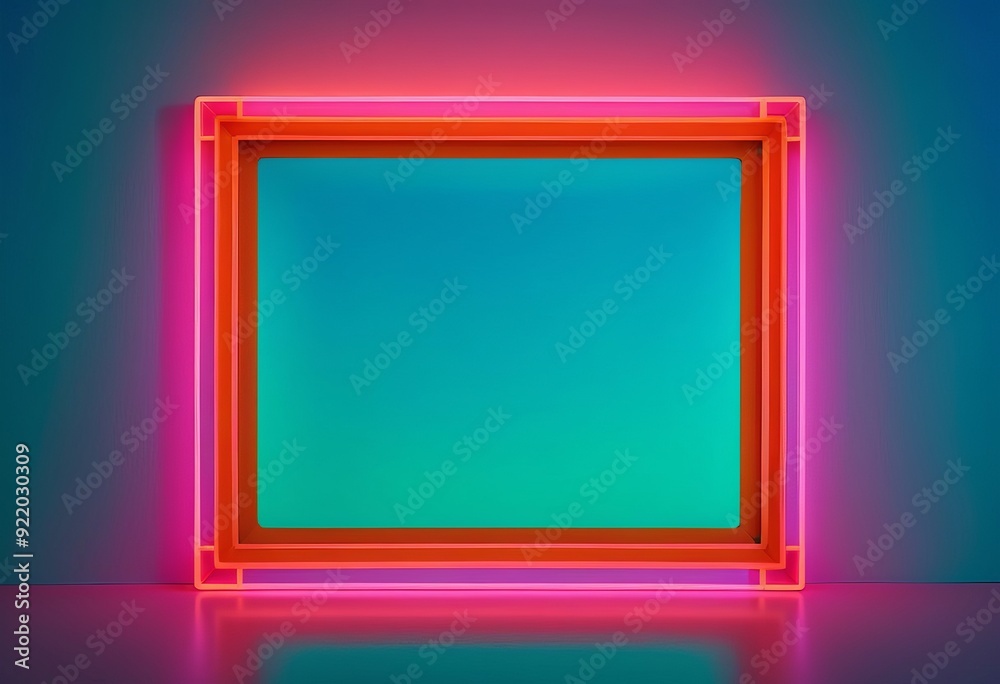 Glowing orange neon rectangular frame against a blue and pink gradient background Glowing orange neon rectangular frame against a blue and pink gradient background