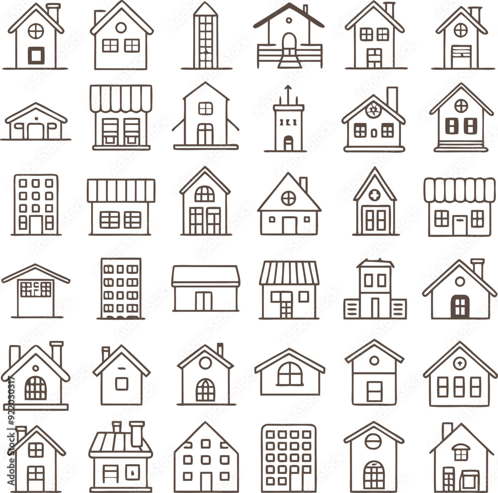 set of house icons in outline style set of house icons in outline style