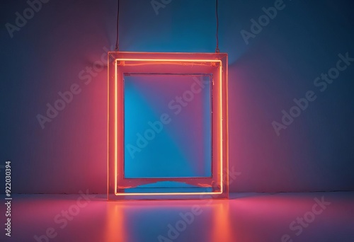 Glowing orange neon rectangular frame against a blue and pink gradient background