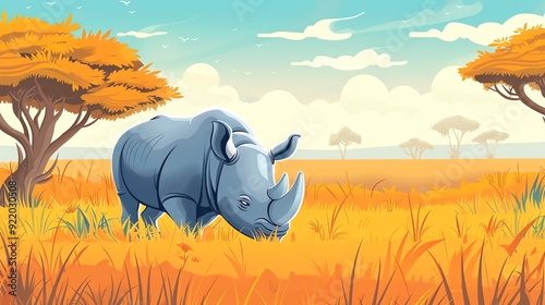 Create a illustration of a Rhino in the Savannah A rhinoceros in its natural habitatin a kawaii style, simplified to feature fewer elements for a cleaner look, Use a color palette that is app photo