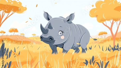 Create a illustration of a Rhino in the Savannah A rhinoceros in its natural habitatin a kawaii style, simplified to feature fewer elements for a cleaner look, Use a color palette that is app photo