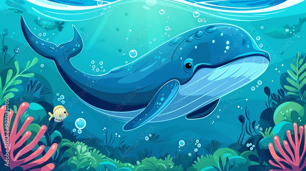 Obraz premium Create a illustration of a Blue Whale in the Ocean A massive blue whale swimming in deep watersin a kawaii style, simplified to feature fewer elements for a cleaner look, Use a color palette