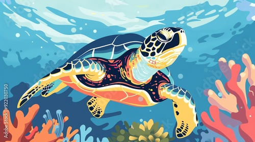 Create a illustration of a Hawksbill Sea Turtle A hawksbill sea turtle swimming among coral reefsin a kawaii style, simplified to feature fewer elements for a cleaner look, Use a color palett