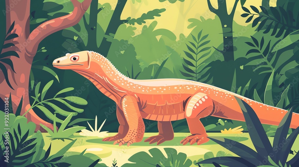 Fototapeta premium Create a illustration of a Komodo dragon sunbathingin a kawaii style, simplified to feature fewer elements for a cleaner look, Use a color palette that is appealing to children, with bright and