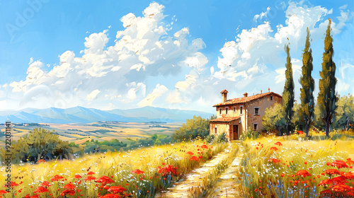 Provencal landscape, oil painting style, summer seascape