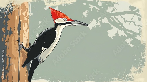 Create a illustration of a Ivory Billed Woodpecker An ivory billed woodpecker perched on a treein a kawaii style, simplified to feature fewer elements for a cleaner look, Use a color palett photo