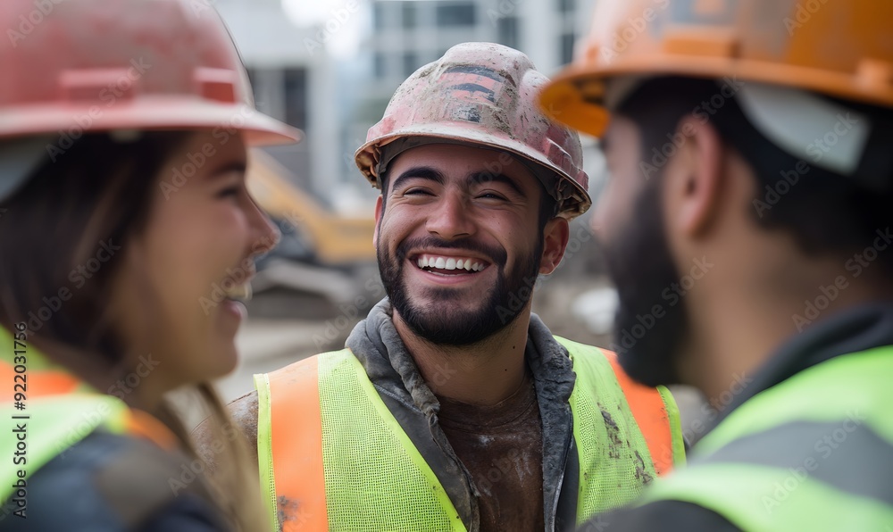 Obraz premium construction workers are wearing dirty safety vests and hard hats showing their years of experience,