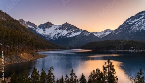 A breathtaking mountain landscape during sunset, with snow-capped peaks and a clear sky transitioning from orange to purple. A tranquil lake in the foreground reflects the mountains, with a dense fore