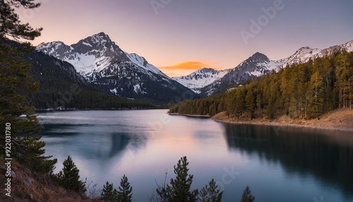 A breathtaking mountain landscape during sunset, with snow-capped peaks and a clear sky transitioning from orange to purple. A tranquil lake in the foreground reflects the mountains, with a dense fore
