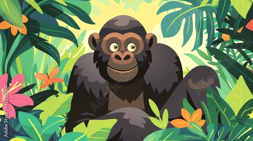 Create a illustration of a Western Lowland Gorilla A western lowland gorilla in a junglein a kawaii style, simplified to feature fewer elements for a cleaner look, Use a color palette that is photo