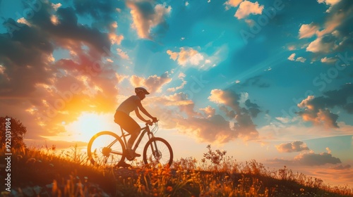 Wallpaper Mural A cyclist rides against a vibrant sunset, showcasing the beauty of outdoor leisure activities. Torontodigital.ca