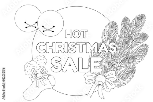 A black and white Christmas sale banner featuring festive elements like bells, a stocking, and pine branches. Perfect for coloring pages.