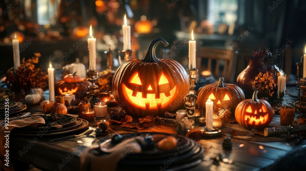 Halloween table setting with candles and jack-o'-lanterns illuminating the room Halloween table setting with candles and jack-o'-lanterns illuminating the room