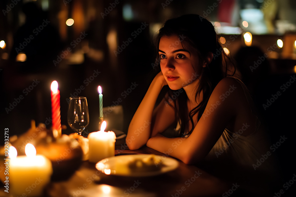 A photograph of a young woman enjoying a secluded candlelit her birthday dinner A photograph of a young woman enjoying a secluded candlelit her birthday dinner
