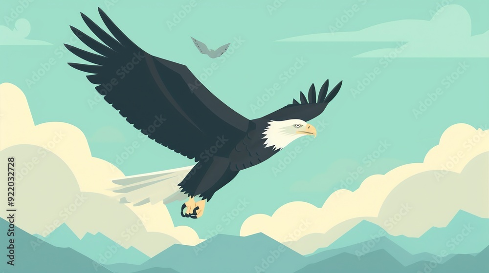Obraz premium Create a illustration of a Bald eagle in flightin a kawaii style, simplified to feature fewer elements for a cleaner look, Use a color palette that is appealing to children, with bright and che