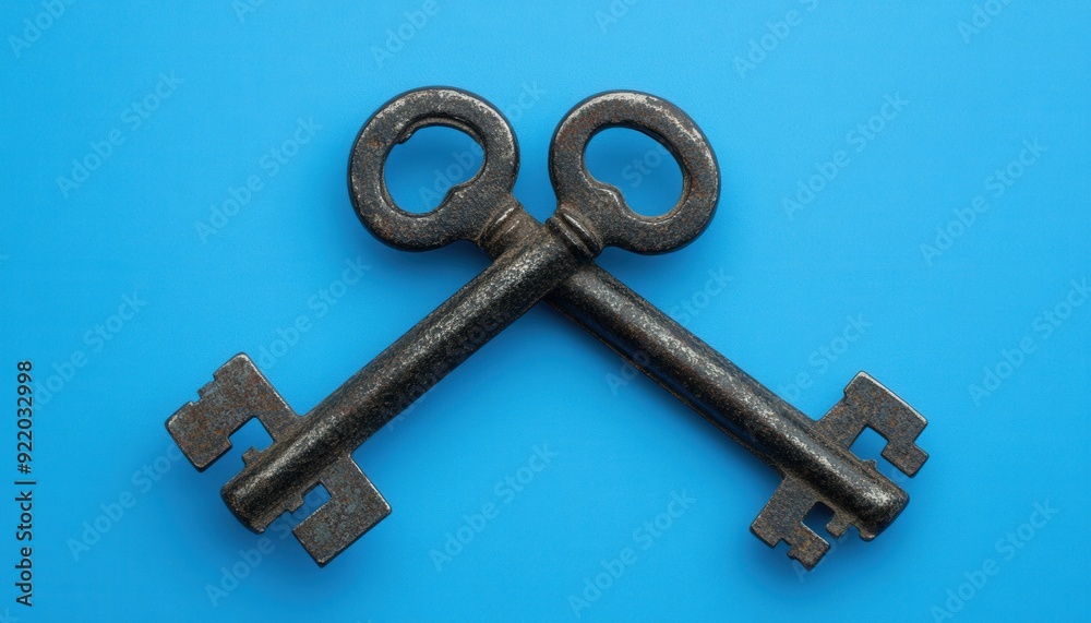 Two antique keys crossed on a vibrant blue background Two antique keys crossed on a vibrant blue background