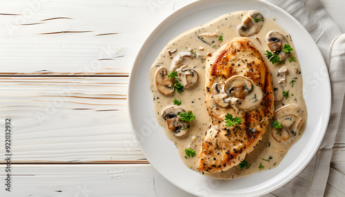 Chicken steak with mustard mushroom cream sauce on white plate on light wooden table, top view, space for text photo