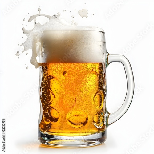 Freshly Poured Frothy Amber Lager Beer in Transparent Glass with Foamy Head on White Background photo