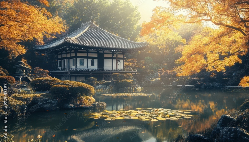 Serene autumn scene at a traditional garden with a reflecting pond and vibrant foliage Serene autumn scene at a traditional garden with a reflecting pond and vibrant foliage
