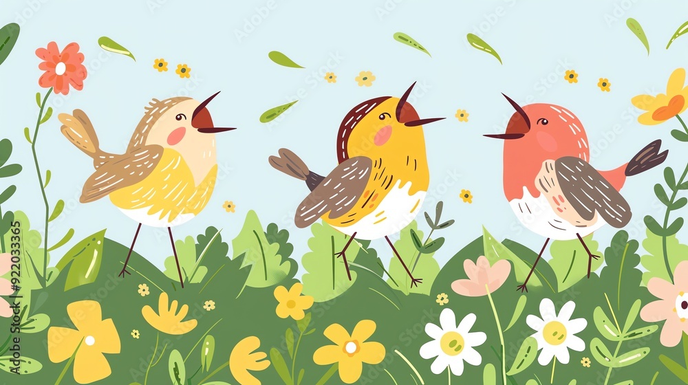 Obraz premium Create a illustration of a Meadowlarks singing in a fieldin a kawaii style, simplified to feature fewer elements for a cleaner look, Use a color palette that is appealing to children, with brig