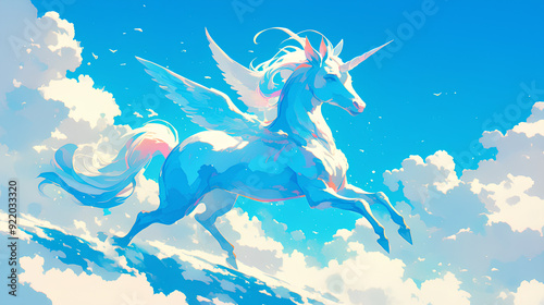 white pegasus horse running with blue sky background photo