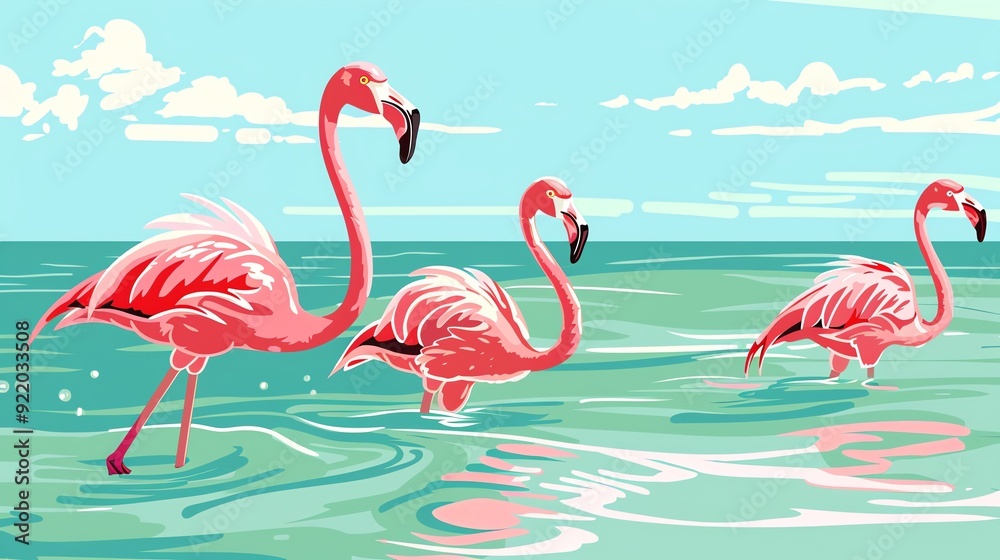 Obraz premium Create a illustration of a Flamingos in a shallow lakein a kawaii style, simplified to feature fewer elements for a cleaner look, Use a color palette that is appealing to children, with bright