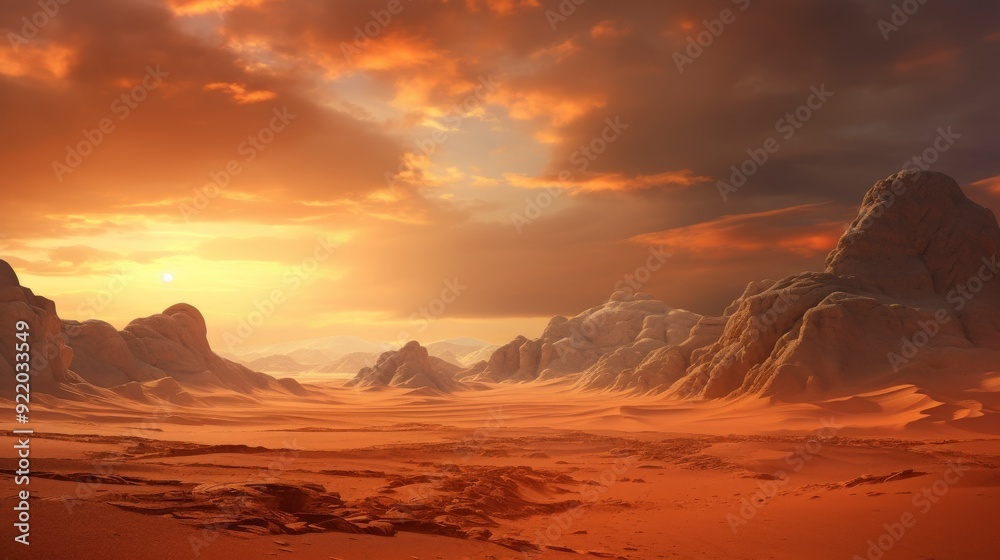 Naklejka premium A serene desert landscape at sunset, showcasing rugged mountains and warm colors.