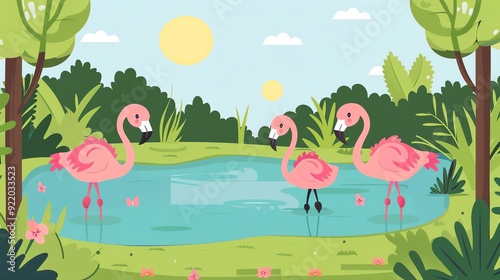 Create a illustration of a Flamingos in a shallow lakein a kawaii style, simplified to feature fewer elements for a cleaner look, Use a color palette that is appealing to children, with bright photo