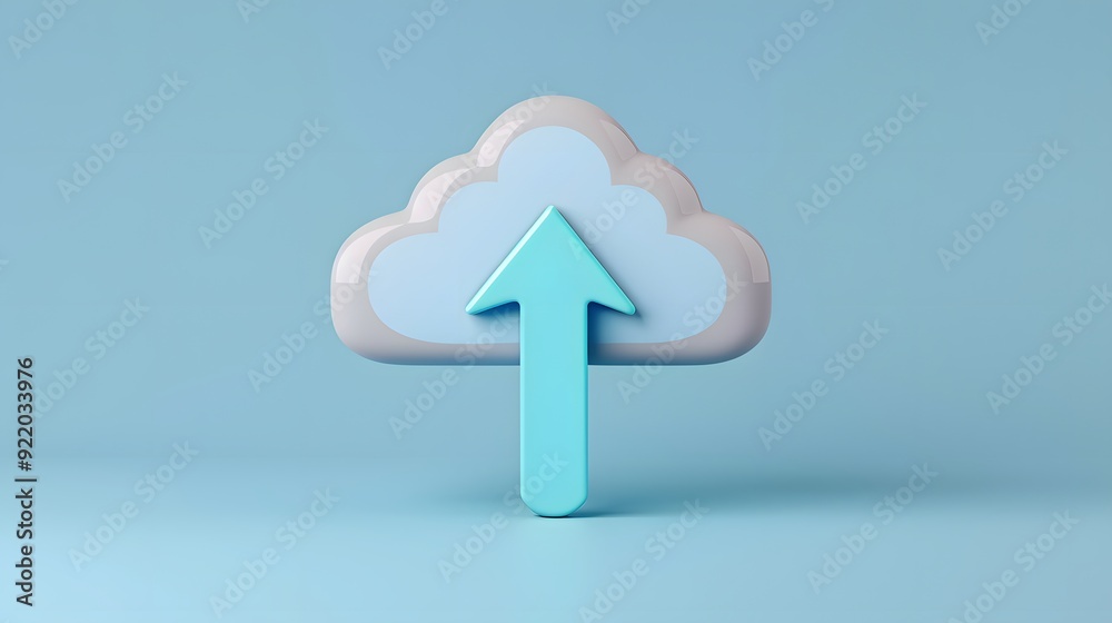 Blue cloud icon with upward arrow on pastel blue background symbolizing cloud computing, data upload, and digital storage concepts.